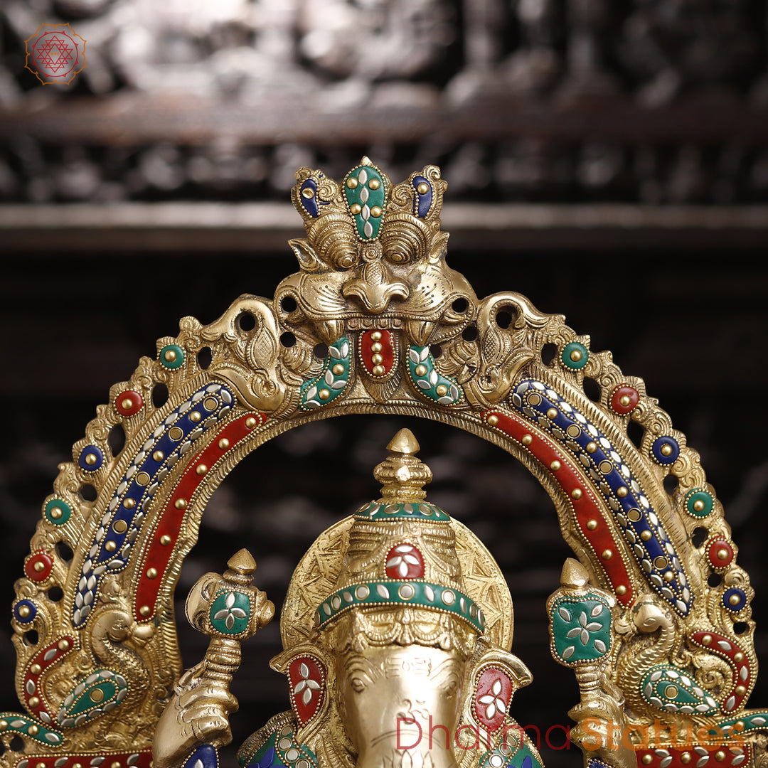 Brass Ganesh Sitting On Throne With yaali Frame, Stone Work 28"