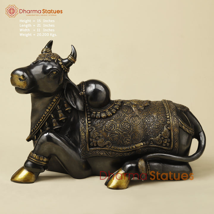 Brass Nandi Seated With Fine Carving, Black & Golden Finish, 15”