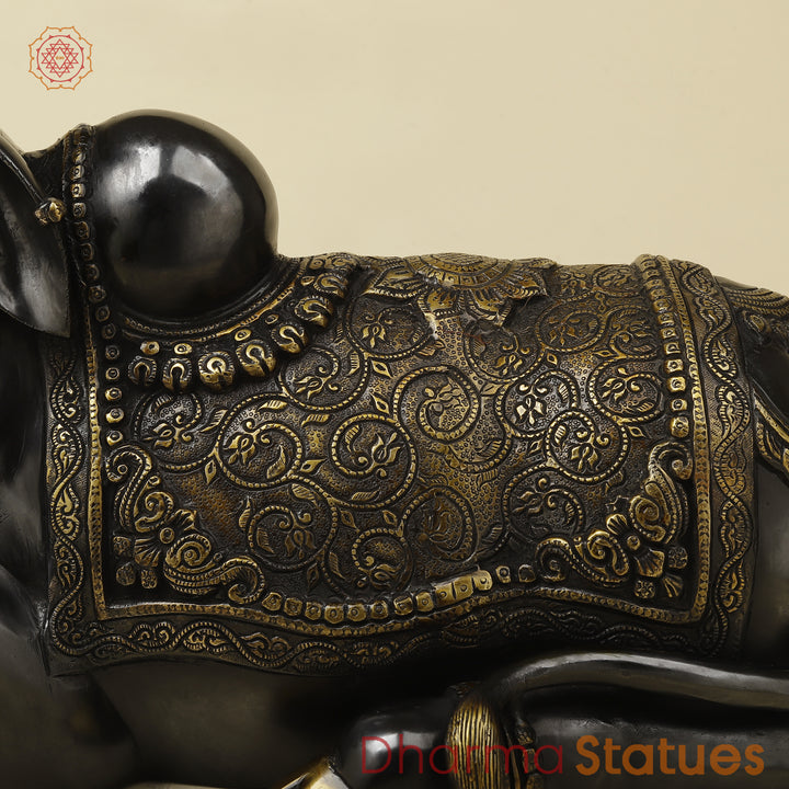 Brass Nandi Seated With Fine Carving, Black & Golden Finish, 15”