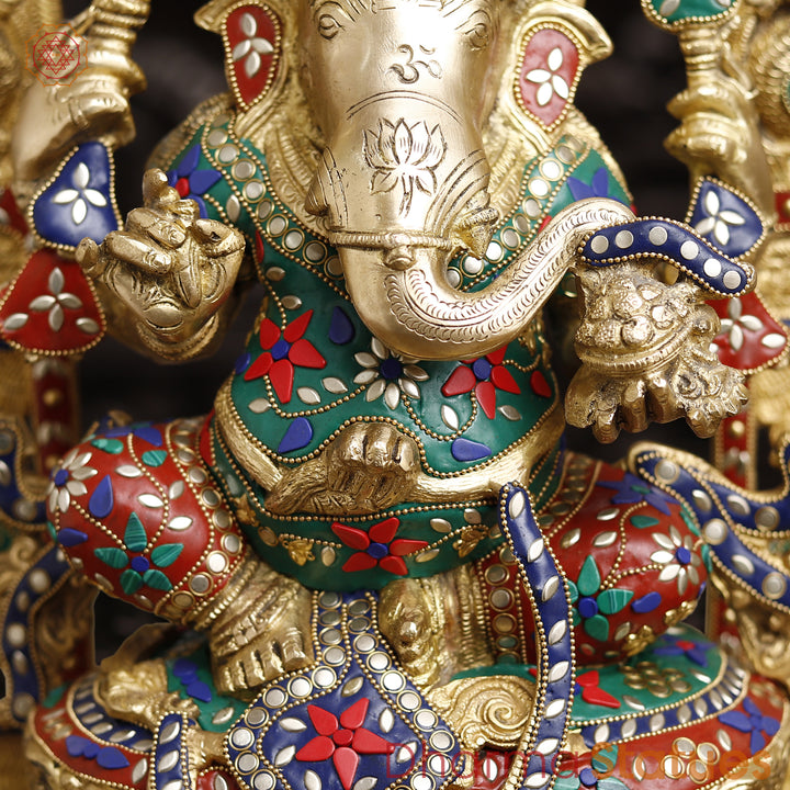 Brass Ganesh Sitting On Throne With yaali Frame, Stone Work 28"