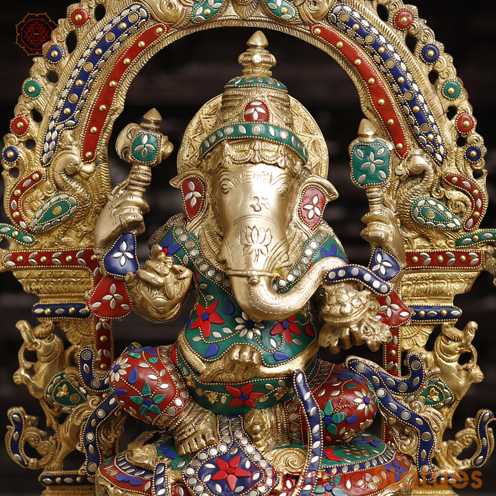 Brass Ganesh Sitting On Throne With yaali Frame, Stone Work 28"