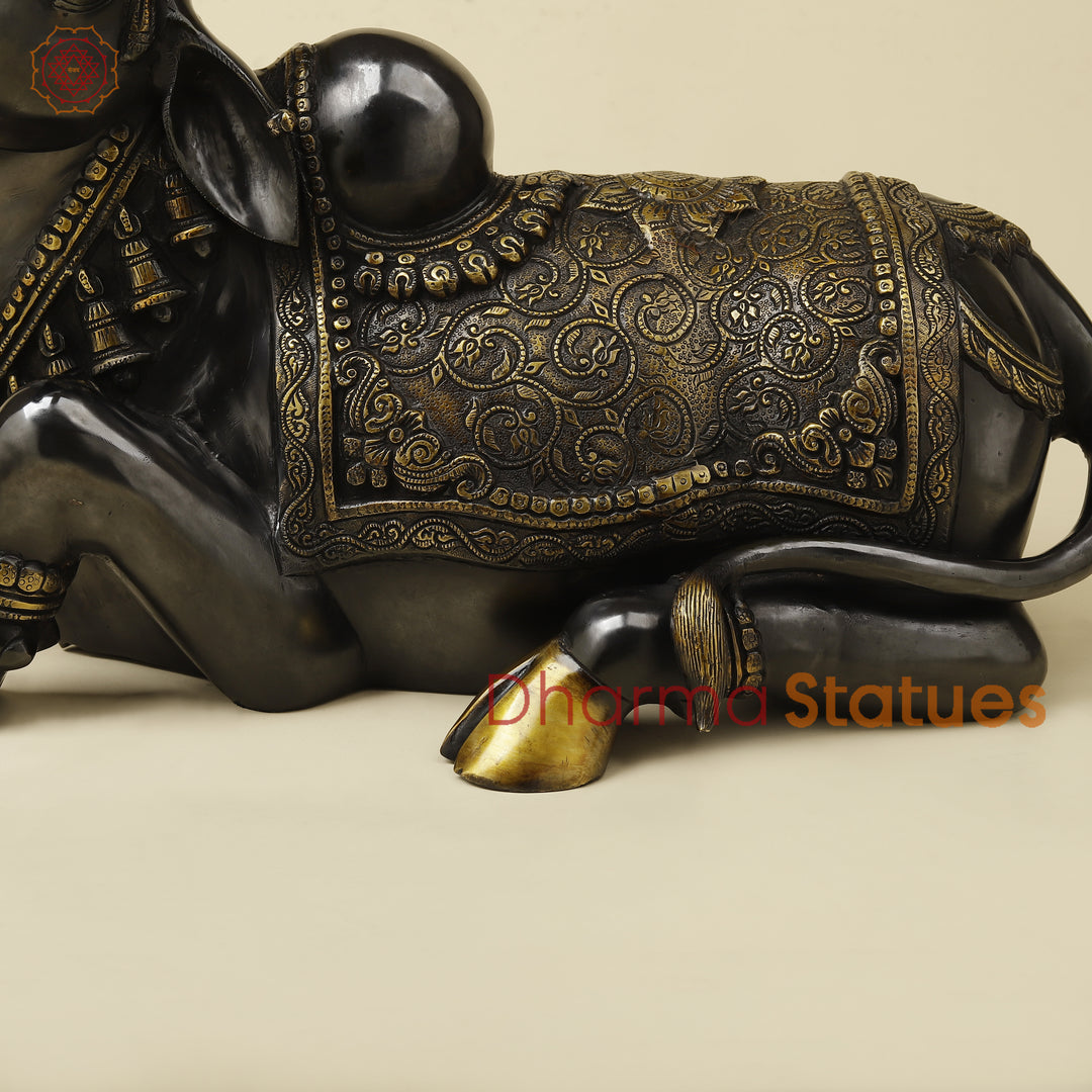 Brass Nandi Seated With Fine Carving, Black & Golden Finish, 15”