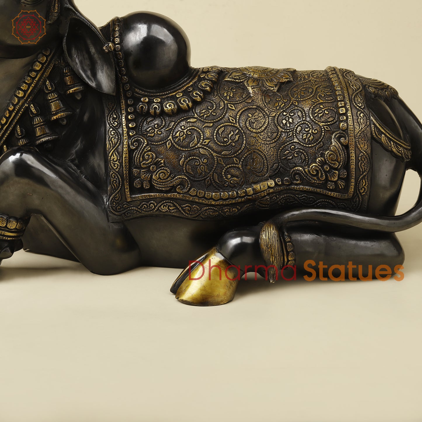 Brass Nandi Seated With Fine Carving, Black & Golden Finish, 15”