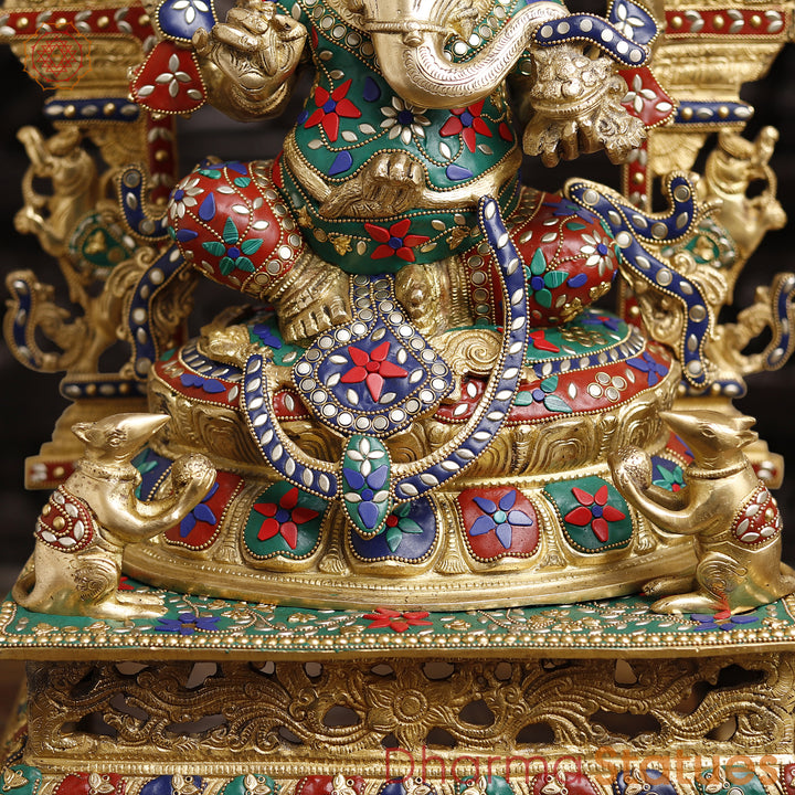 Brass Ganesh Sitting On Throne With yaali Frame, Stone Work 28"