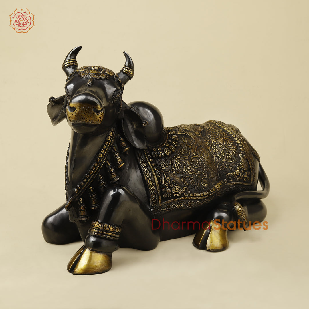 Brass Nandi Seated With Fine Carving, Black & Golden Finish, 15”