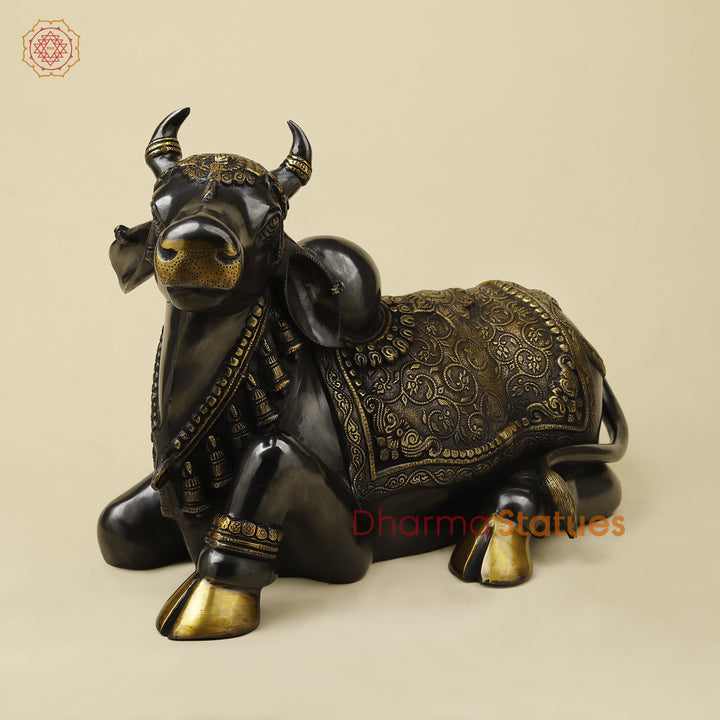 Brass Nandi Seated With Fine Carving, Black & Golden Finish, 15”