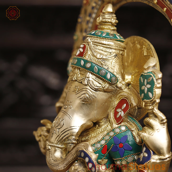 Brass Ganesh Sitting On Throne With yaali Frame, Stone Work 28"