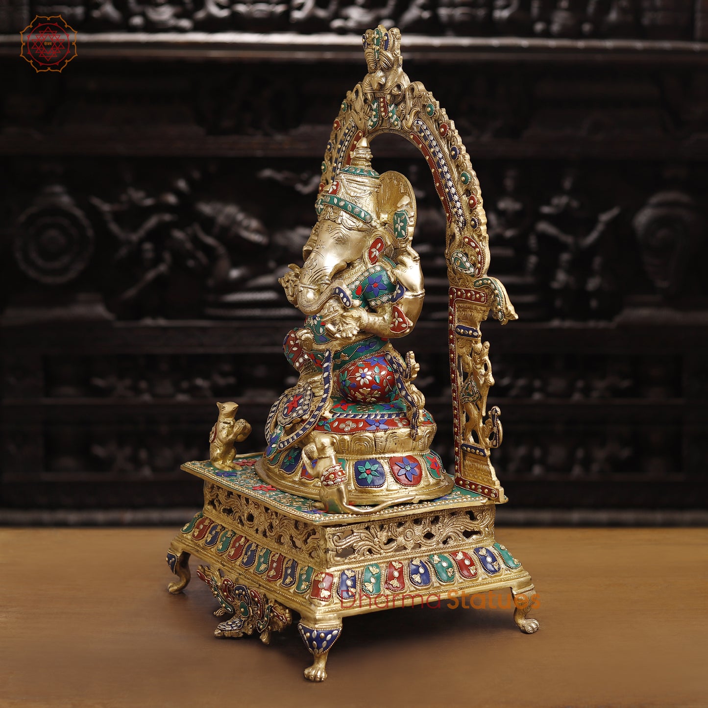 Brass Ganesh Sitting On Throne With yaali Frame, Stone Work 28"