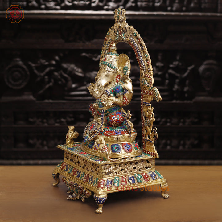 Brass Ganesh Sitting On Throne With yaali Frame, Stone Work 28"