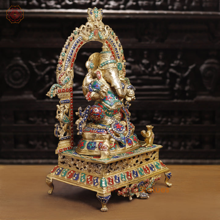 Brass Ganesh Sitting On Throne With yaali Frame, Stone Work 28"