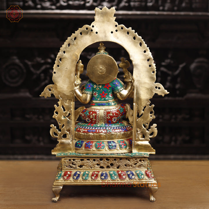 Brass Ganesh Sitting On Throne With yaali Frame, Stone Work 28"