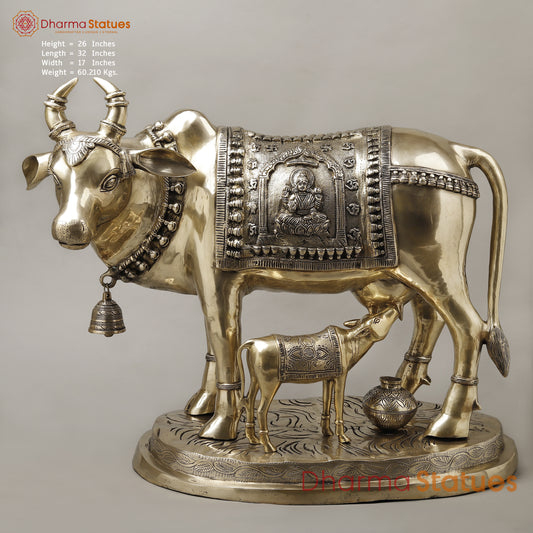 Brass Cow With Calf (Kamdhenu), Smooth Finish, 26"