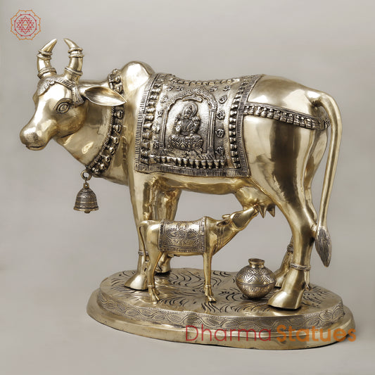 Brass Cow With Calf (Kamdhenu), Smooth Finish, 26"