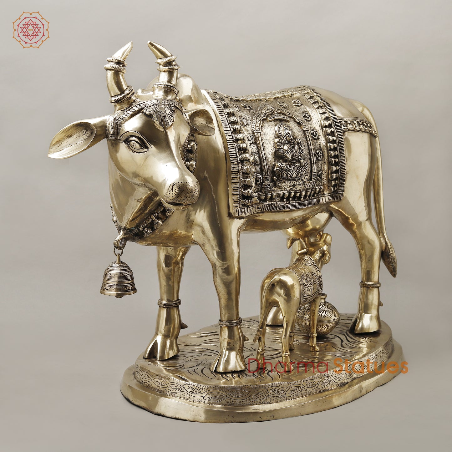 Brass Cow With Calf (Kamdhenu), Smooth Finish, 26"