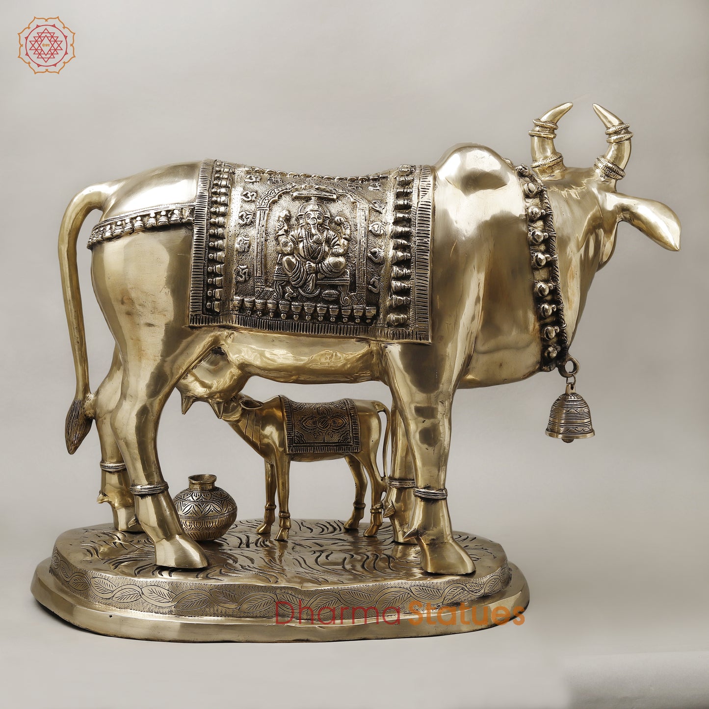 Brass Cow With Calf (Kamdhenu), Smooth Finish, 26"