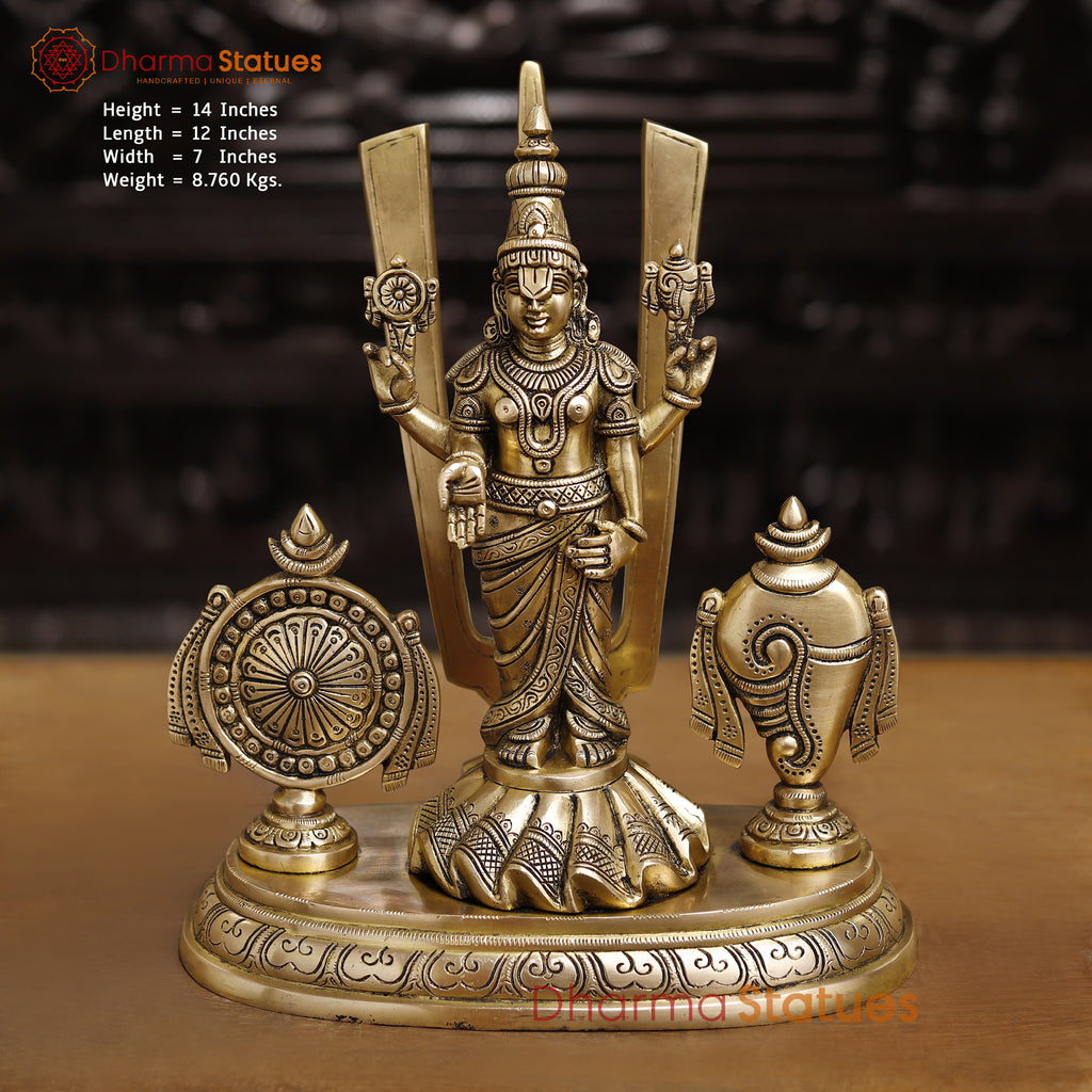 Tirupati Balaji Brass Statue, With Shankh and Chakra, Golden Finish, 14" Front View