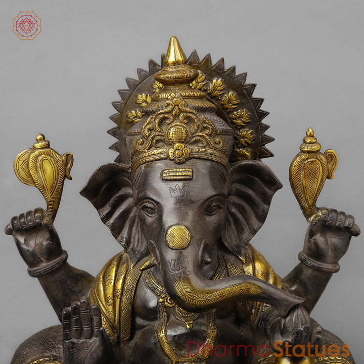 Brass Ganesh Seated in Blessing Posture, Antique & Golden Finish, 18.5"
