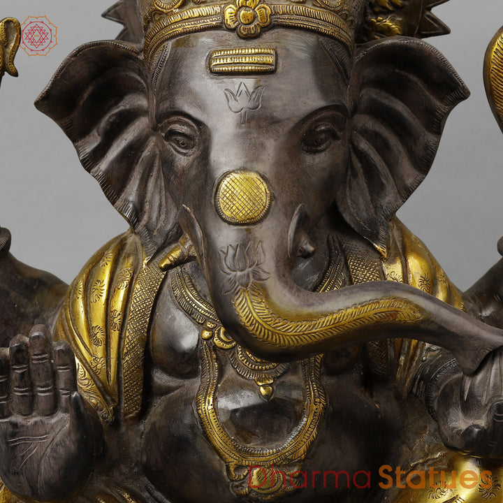 Brass Ganesh Seated in Blessing Posture, Antique & Golden Finish, 18.5"