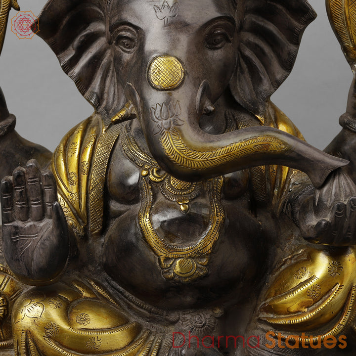 Brass Ganesh Seated in Blessing Posture, Antique & Golden Finish, 18.5"