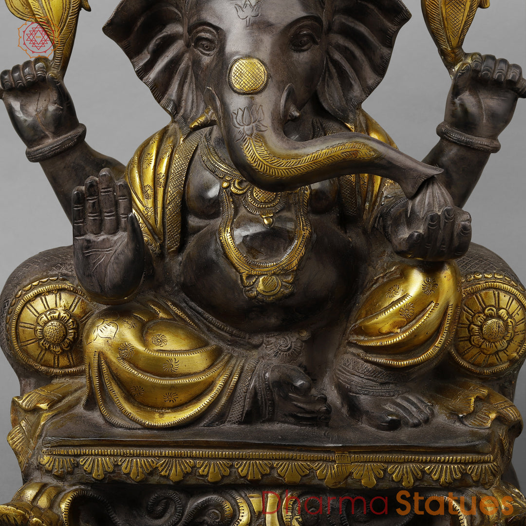 Brass Ganesh Seated in Blessing Posture, Antique & Golden Finish, 18.5"