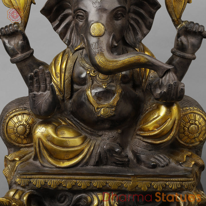 Brass Ganesh Seated in Blessing Posture, Antique & Golden Finish, 18.5"