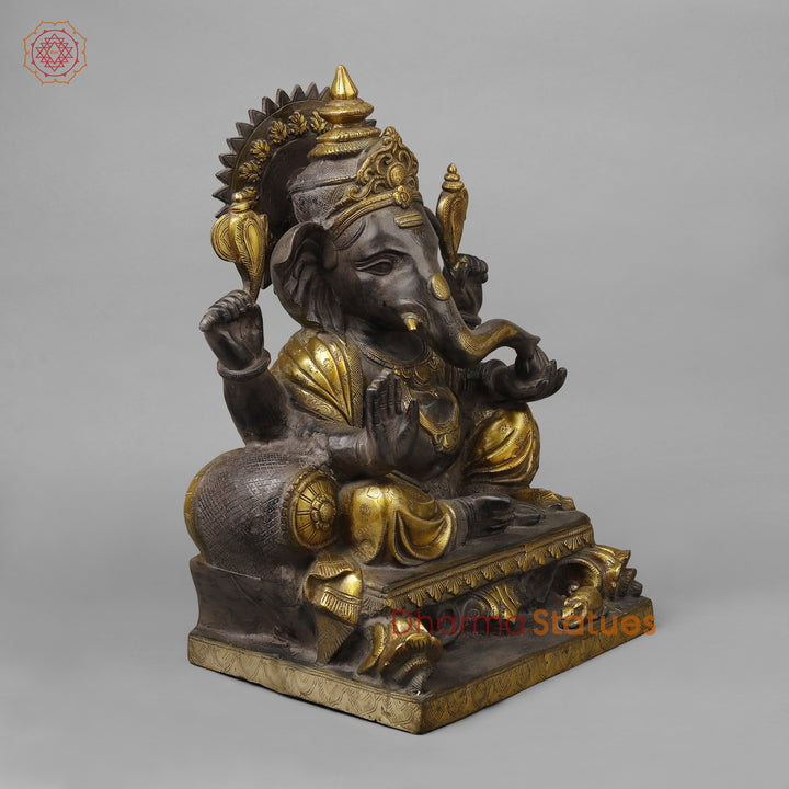 Brass Ganesh Seated in Blessing Posture, Antique & Golden Finish, 18.5"