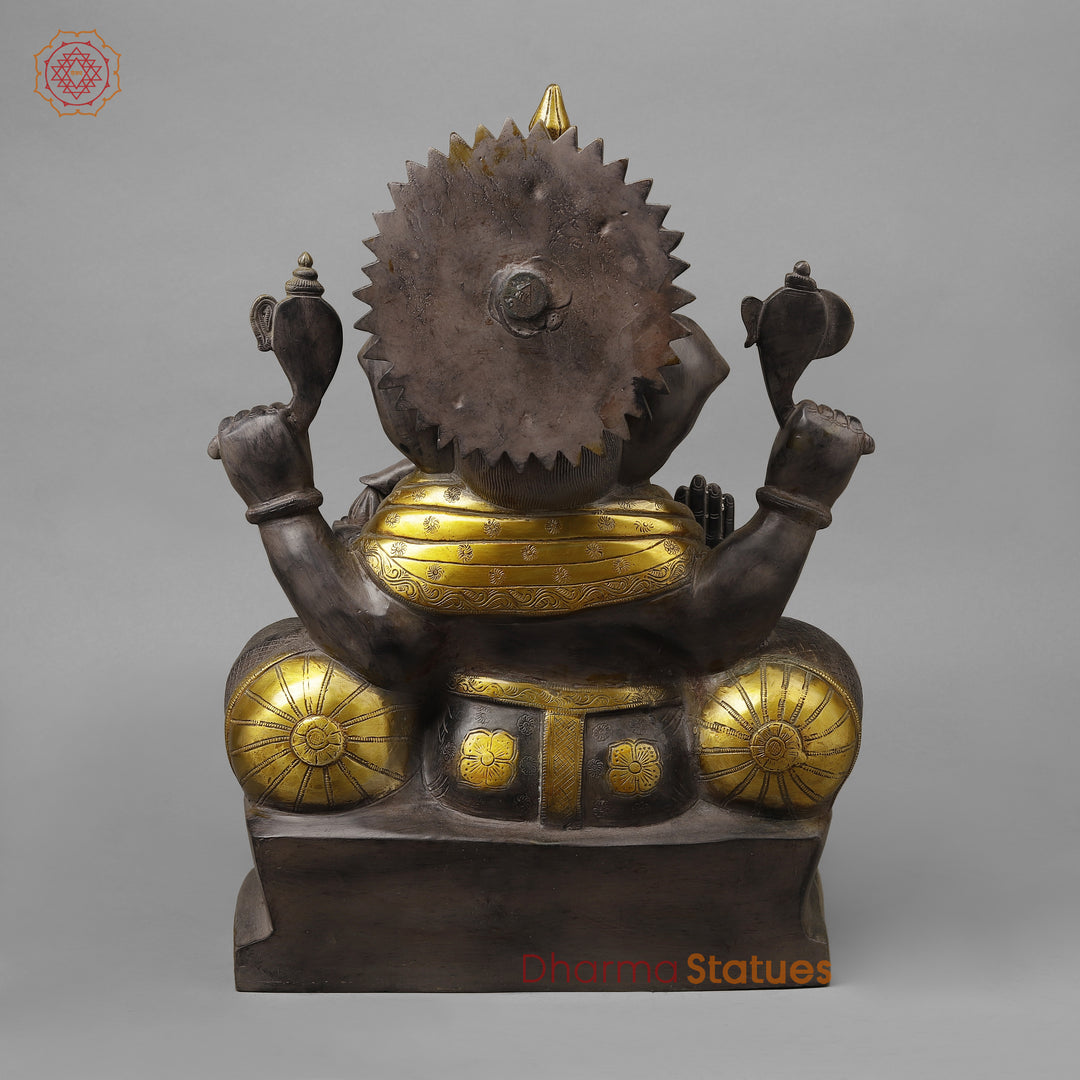 Brass Ganesh Seated in Blessing Posture, Antique & Golden Finish, 18.5"