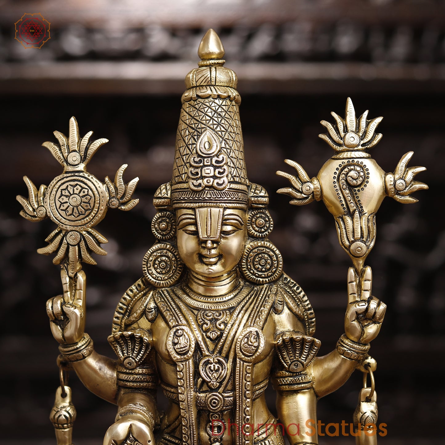 Brass Tirupati Balaji Idol, Standing With Chakra & Conch , Smooth Gold Finish 23"