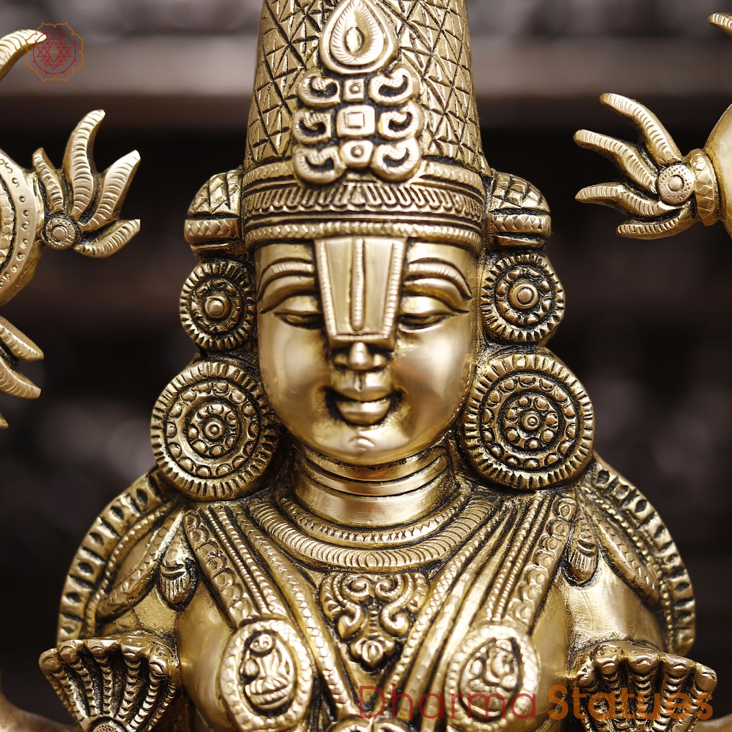 Brass Tirupati Balaji Idol, Standing With Chakra & Conch , Smooth Gold Finish 23"
