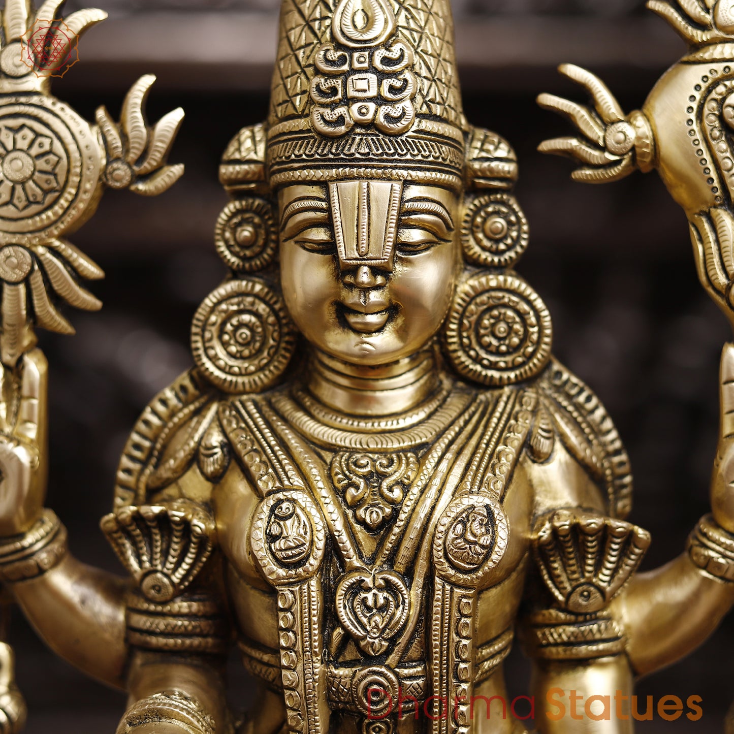 Brass Tirupati Balaji Idol, Standing With Chakra & Conch , Smooth Gold Finish 23"