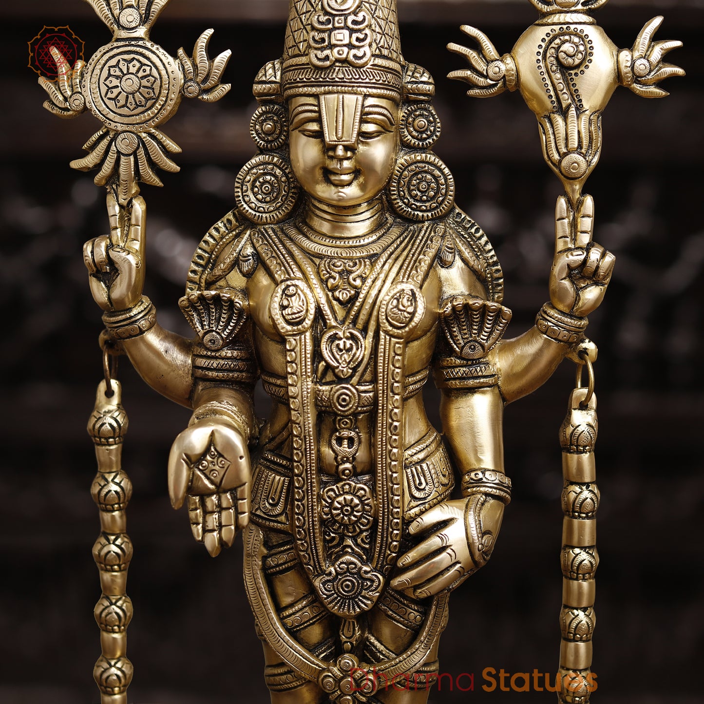 Brass Tirupati Balaji Idol, Standing With Chakra & Conch , Smooth Gold Finish 23"
