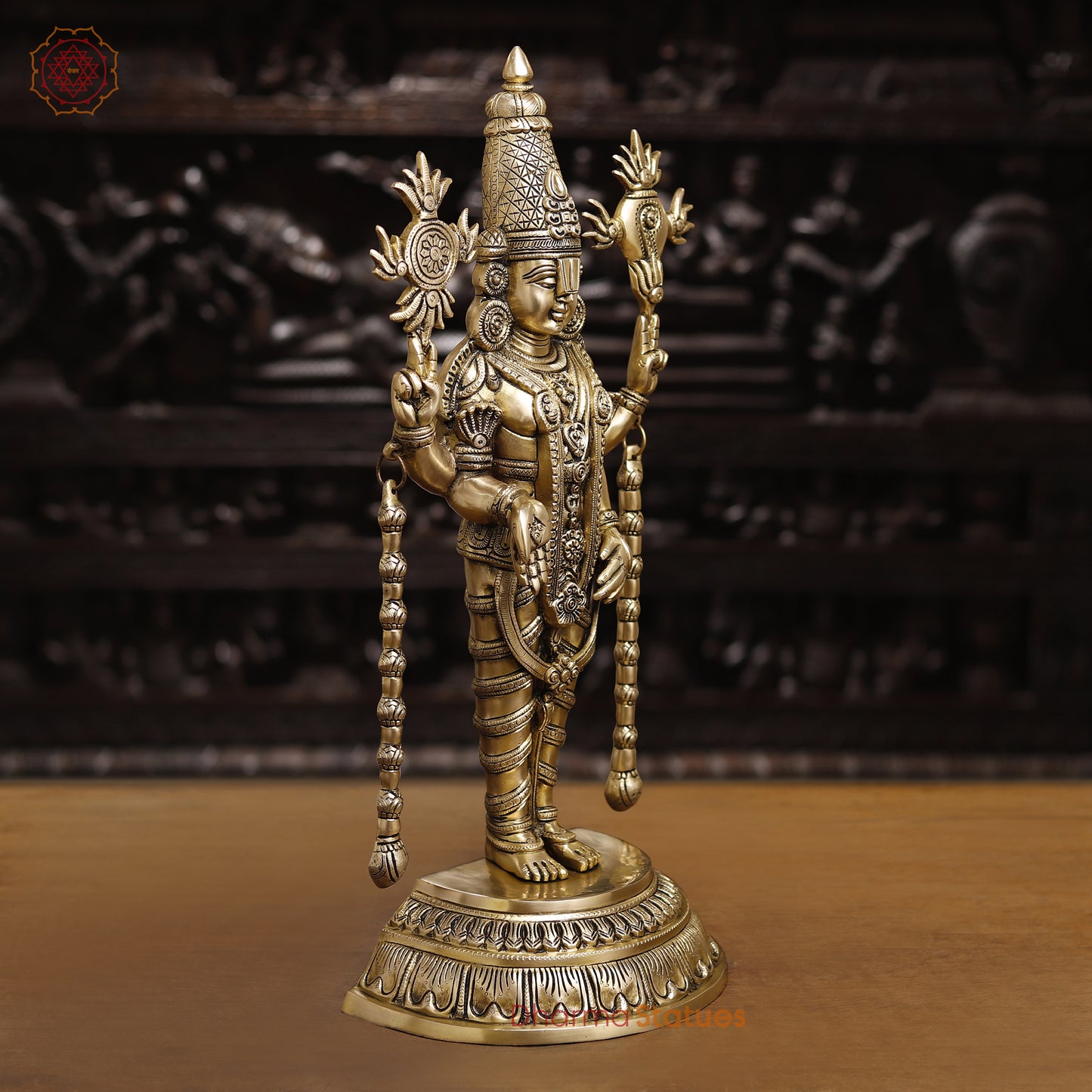 Brass Tirupati Balaji Idol, Standing With Chakra & Conch , Smooth Gold Finish 23"