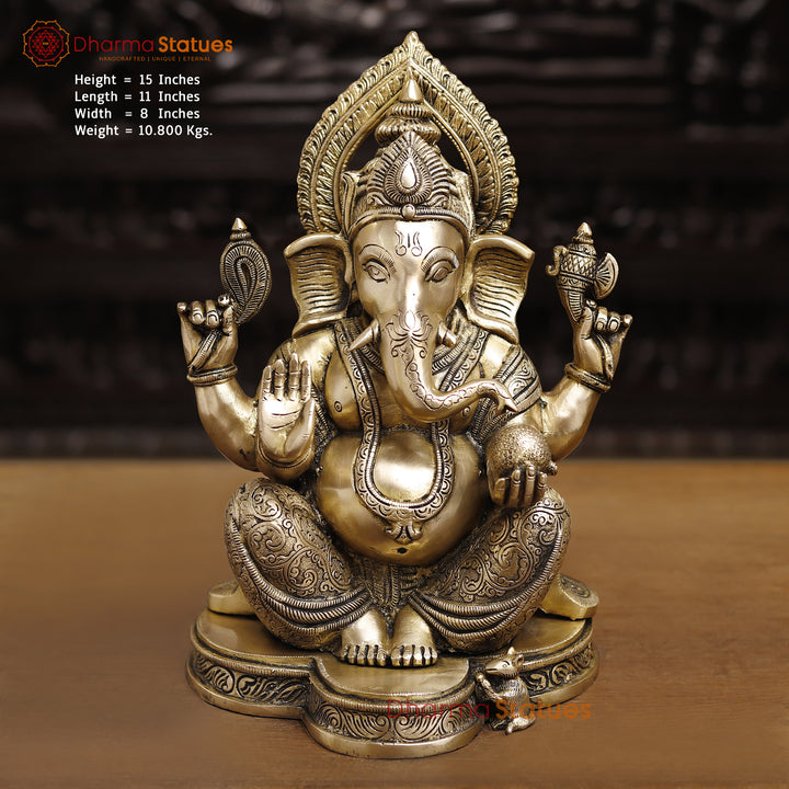 Brass Ganesh Seated, fine Craving Smooth Finish, 15" Front View