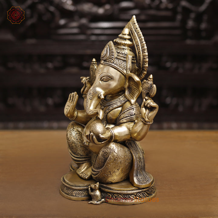 Brass Ganesh Seated, fine Craving Smooth Finish, 15"