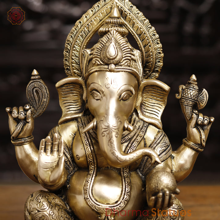 Brass Ganesh Seated, fine Craving Smooth Finish, 15"