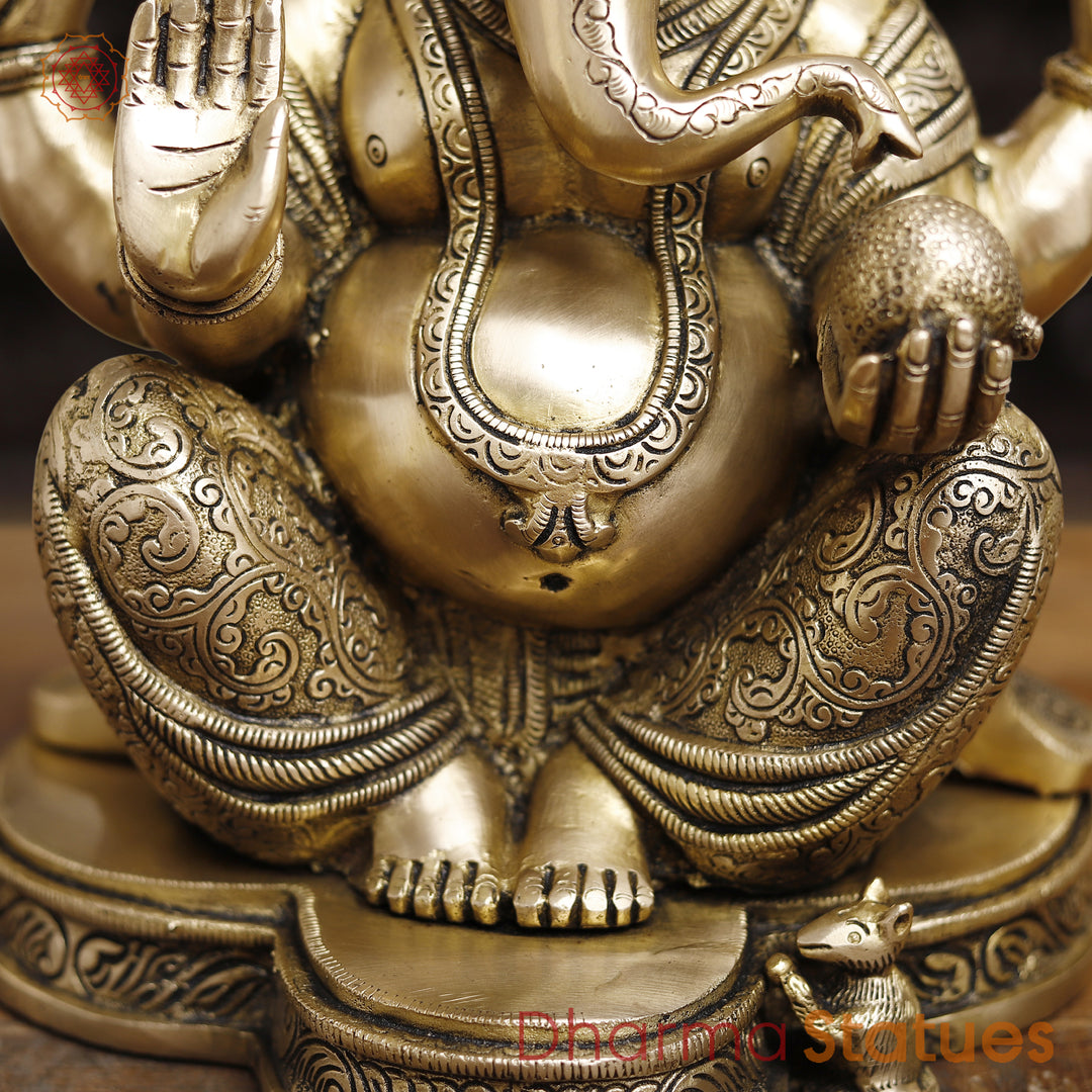 Brass Ganesh Seated, fine Craving Smooth Finish, 15"