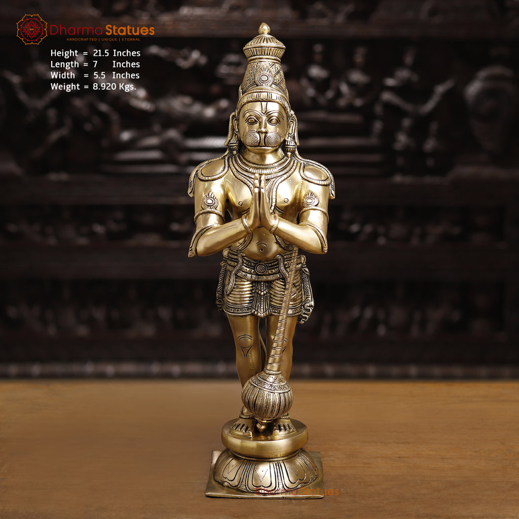 Brass Hanuman Statue, Standing in Namaskar Posture, Golden Fine Finish 21.5" Front View