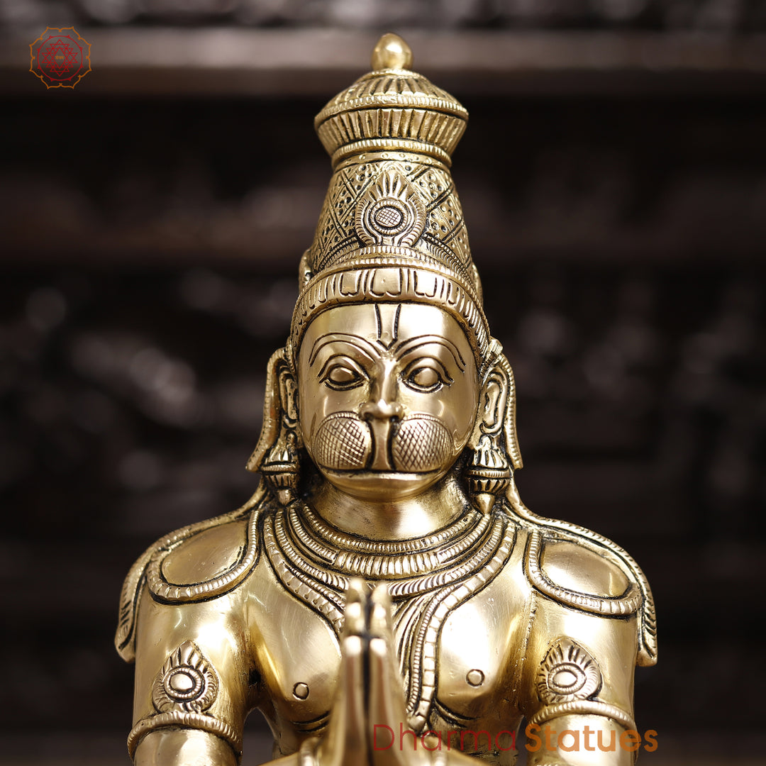 Brass Hanuman Statue, Standing in Namaskar Posture, Golden Fine Finish 21.5"