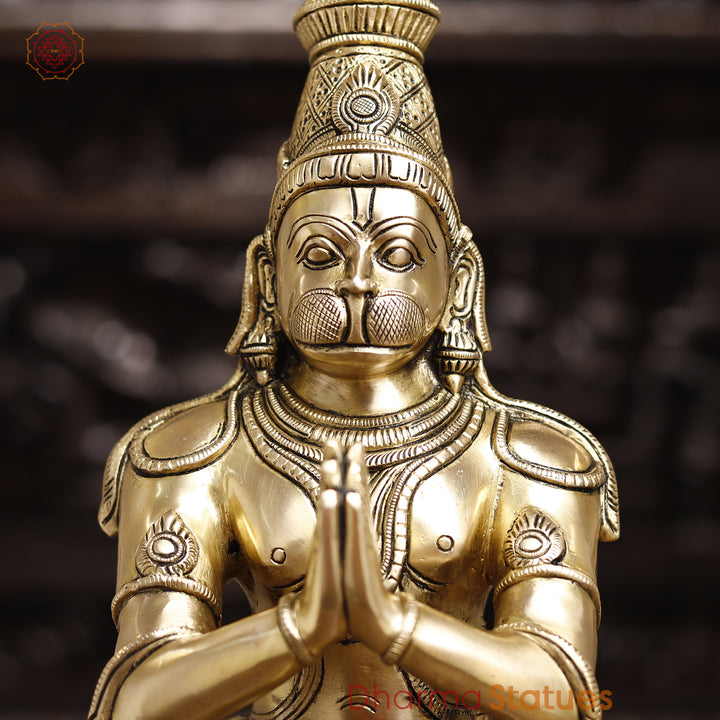 Brass Hanuman Statue, Standing in Namaskar Posture, Golden Fine Finish 21.5"