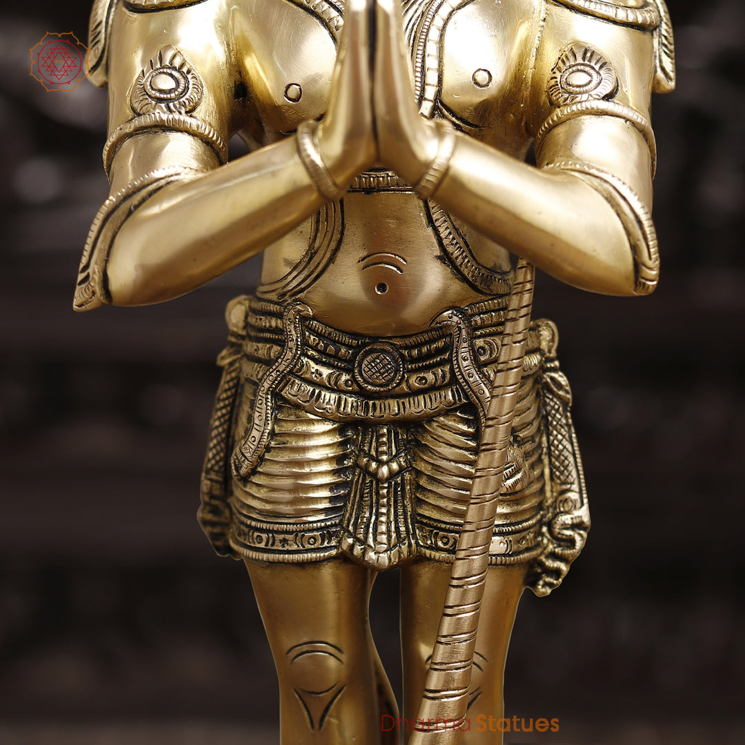 Brass Hanuman Statue, Standing in Namaskar Posture, Golden Fine Finish 21.5"