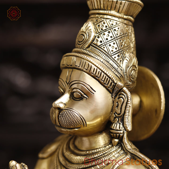 Brass Hanuman Statue, Standing in Namaskar Posture, Golden Fine Finish 21.5"