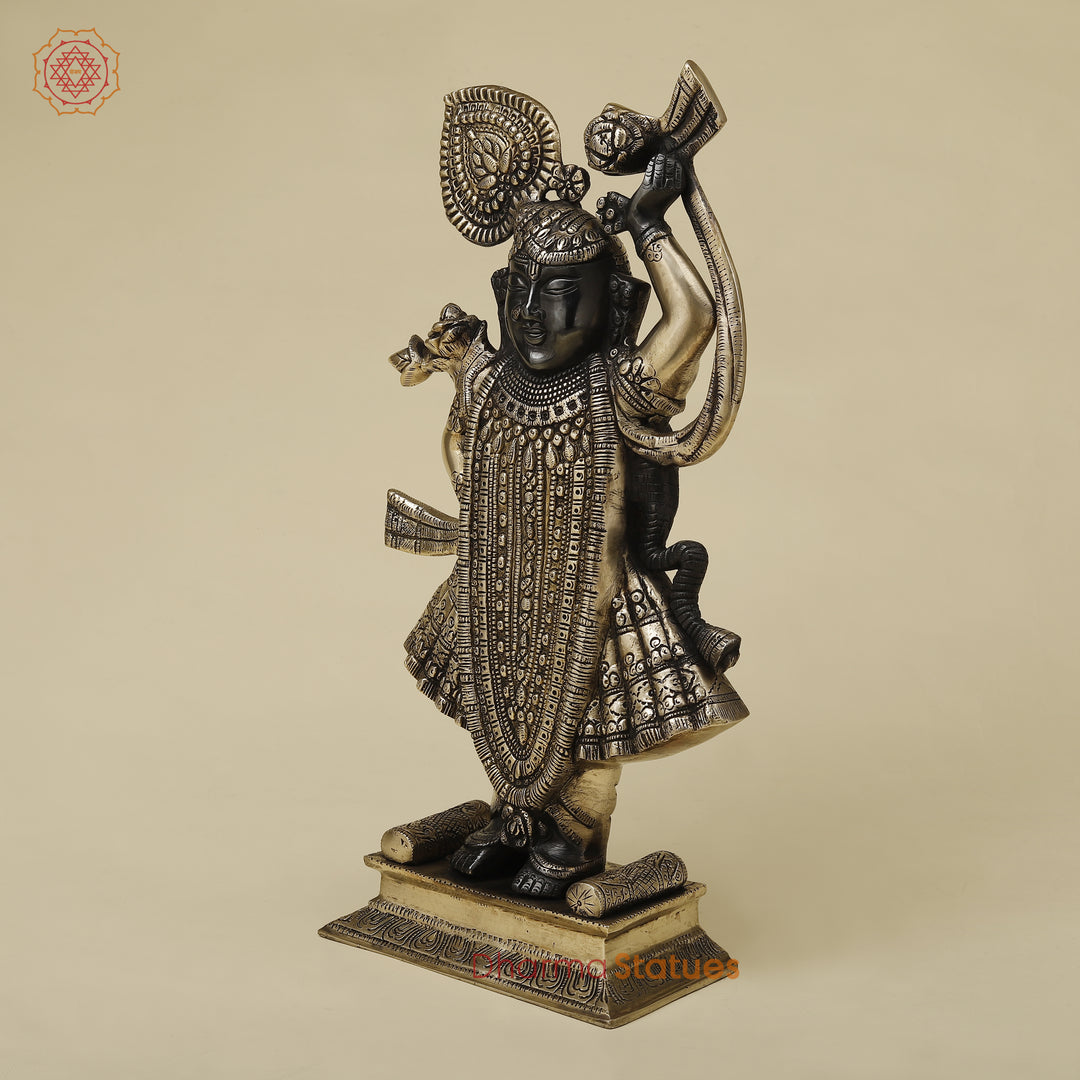 Brass Krishna as Shrinath Ji, Black & Gold Finish, 17"