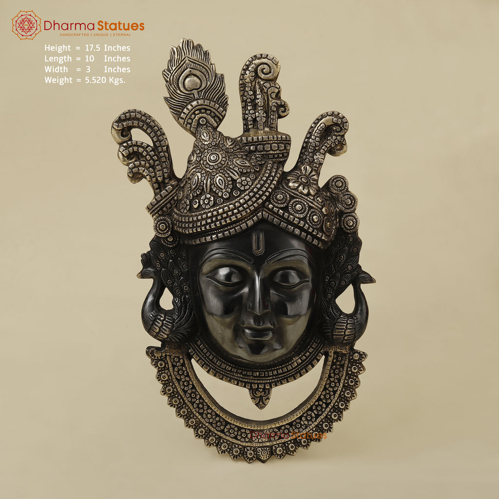 Brass Shrinath Wall Hanging Face, Black Patina with Golden Finish, 17.5"