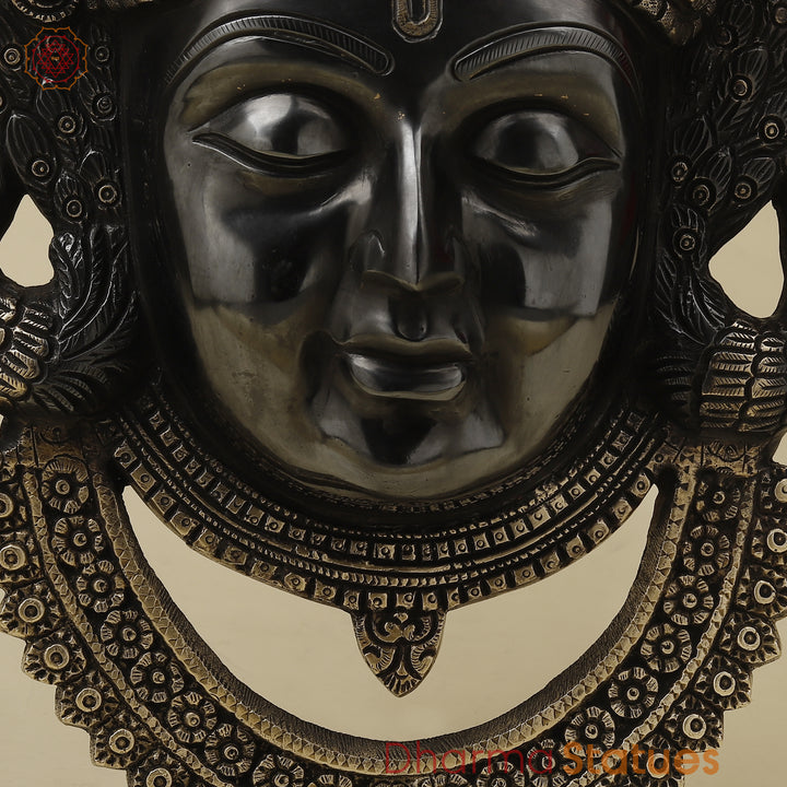 Brass Shrinath Wall Hanging Face, Black Patina with Golden Finish, 17.5"