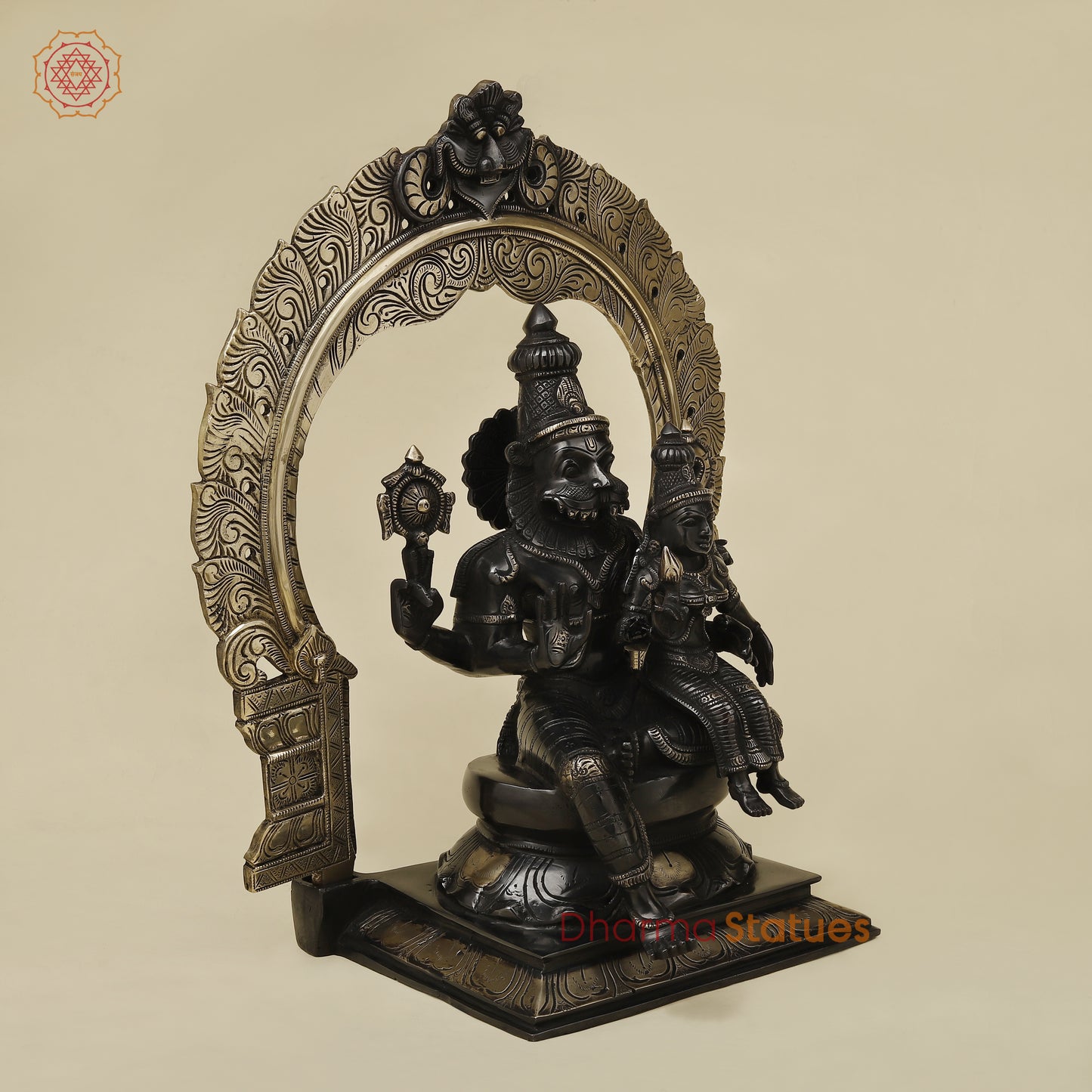 Brass Narasimha Idol with Lakshmi, Black Patina & Golden Finish, 20"