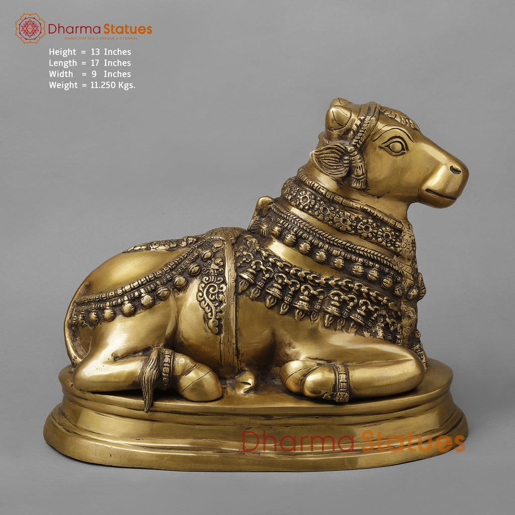 Brass Nandi on pedestal, Antique Gold Finish, 13"