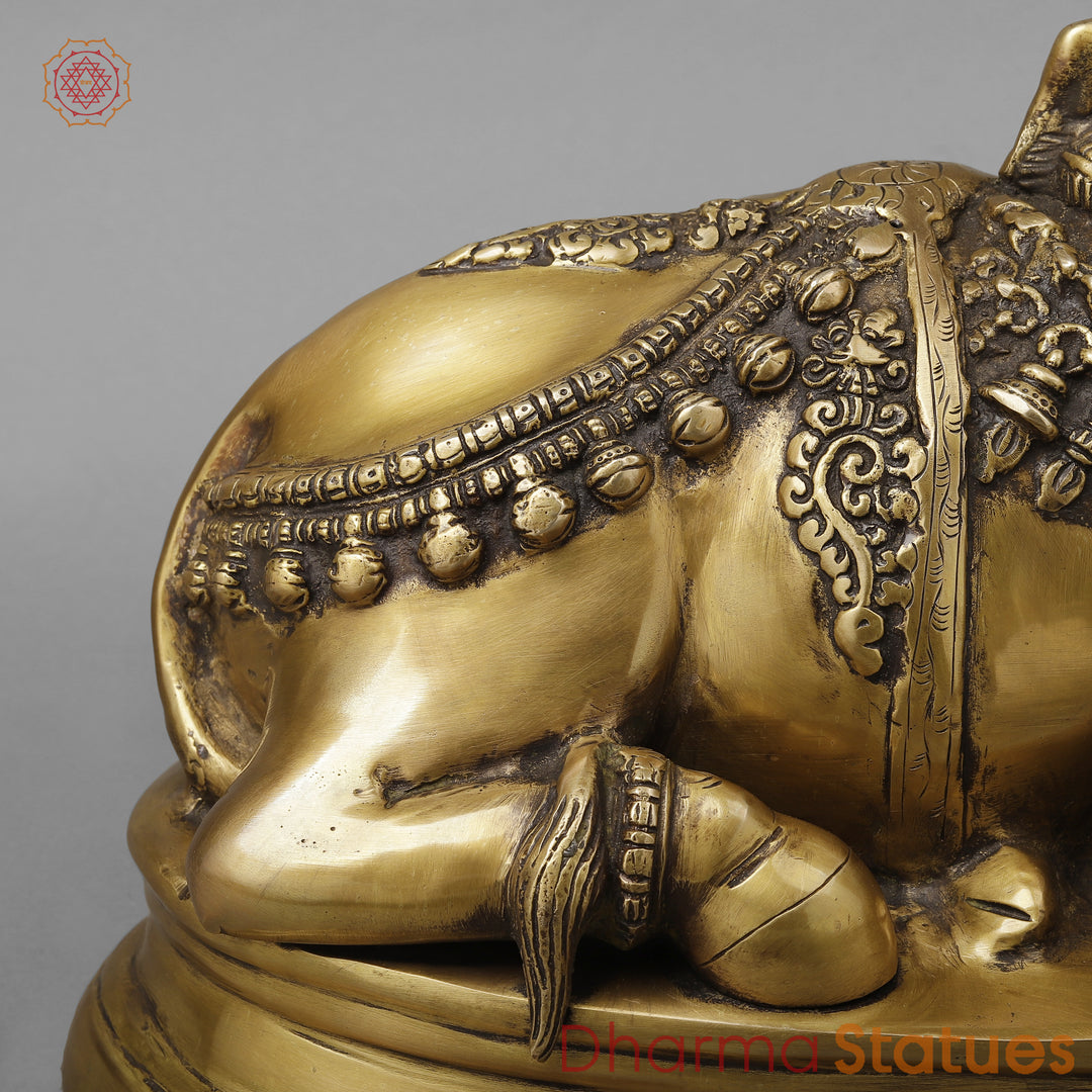 Brass Nandi on pedestal, Antique Gold Finish, 13"