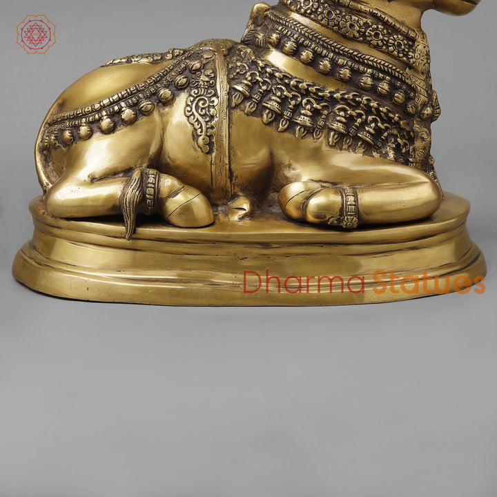 Brass Nandi on pedestal, Antique Gold Finish, 13"
