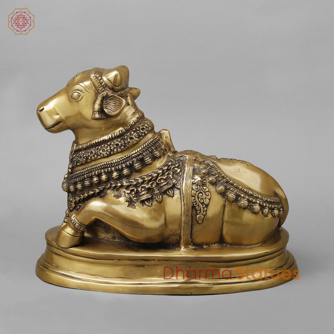 Brass Nandi on pedestal, Antique Gold Finish, 13"