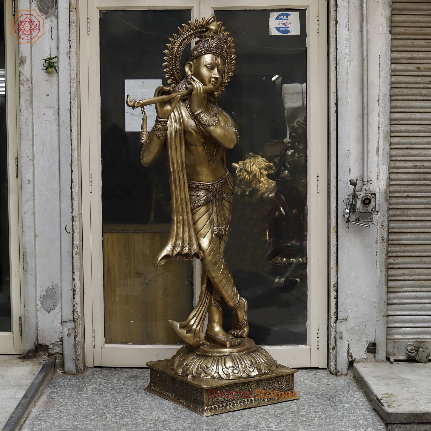 Brass Krishna Playing Flute, Golden Finish, 79"